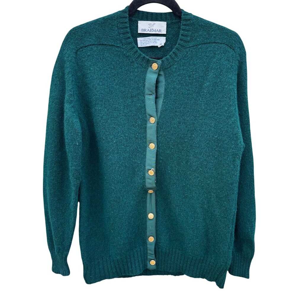 Braemar Vintage Womens Green‎ Wool Knit Shetland Cardigan Sweater Button Defects